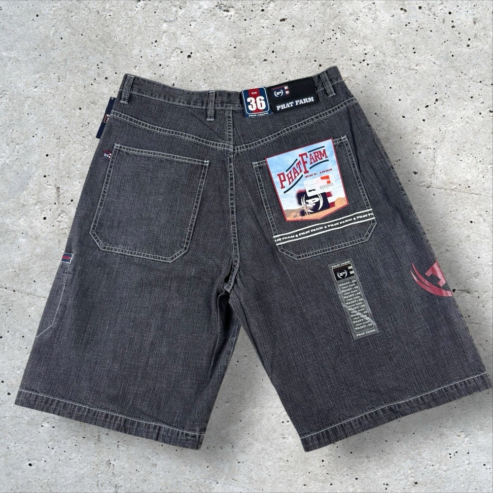 NOS Phat Farm Jean Shorts 36 Logo Hip Hop Baggy Denim Deadstock 90s Y2K Vintage‎